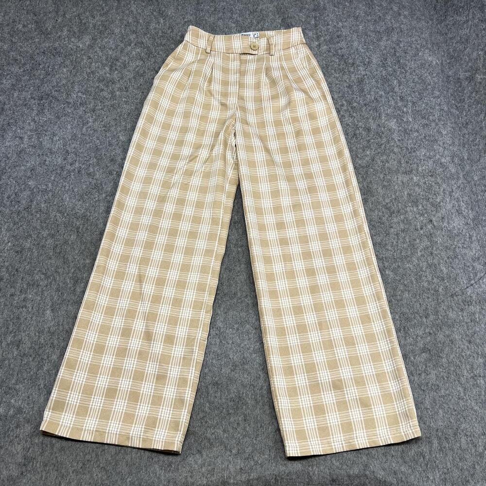 Princess Polly Pants Womens 4 Beige Plaid Wide Leg Twill Dress Work Stretch